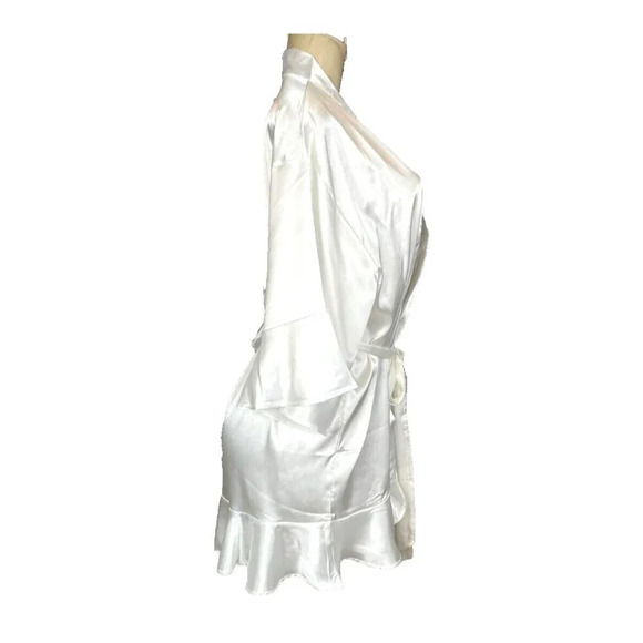 Eag XL White Satin Ruffle Trim Belted Short Sleeve Short Wedding/Dressing Robe - Picture 5 of 6